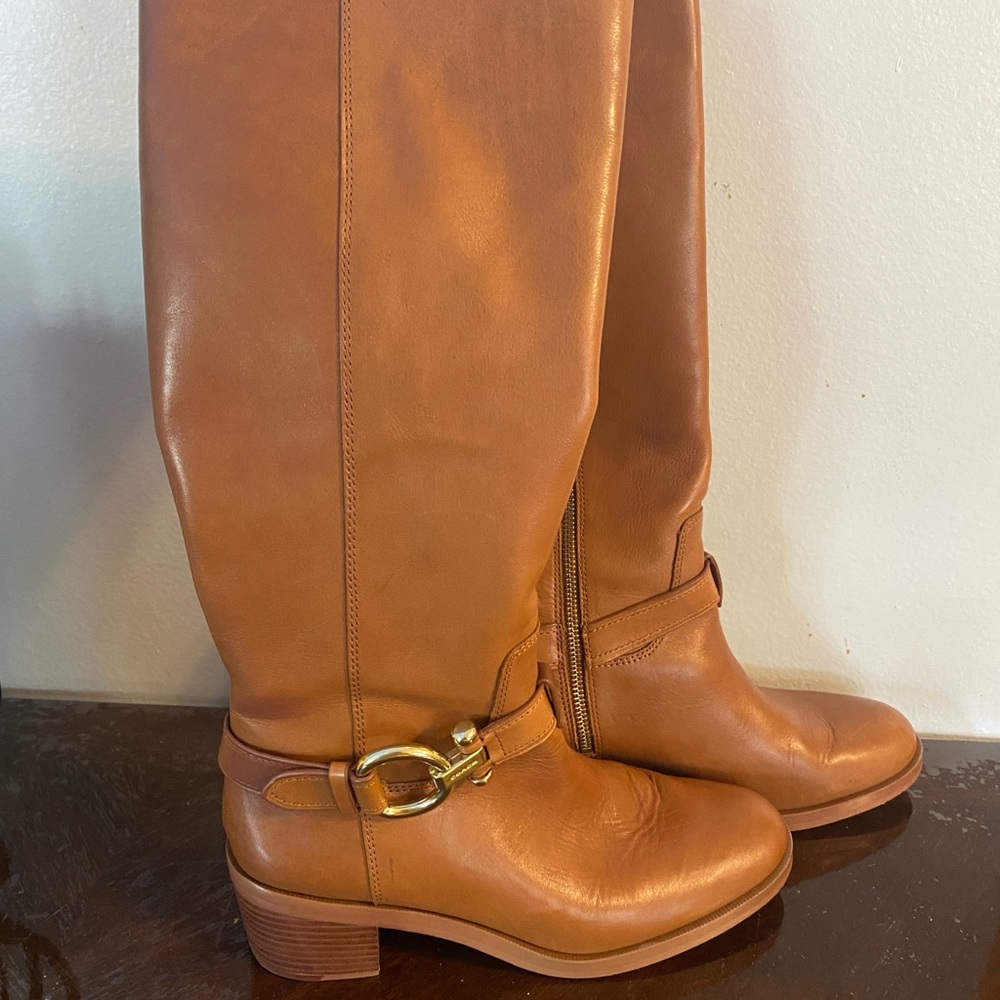 Women's Coach Tall Leather Riding Boots with Gold Buckle - Tan, Size 9